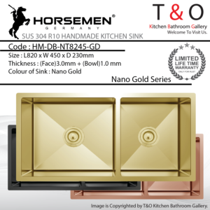 Horsemen Nano Gold SUS304 R10 Double Bowl Handmade Kitchen Sink. Code : HM-DB-NT8245-GD