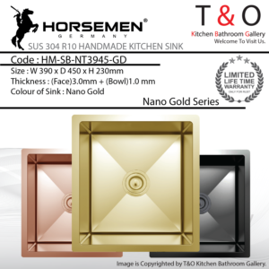 Horsemen Nano Gold SUS304 R10 Single Bowl Handmade Kitchen Sink. Code : HM-SB-NT3945-GD