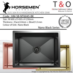 Horsemen Nano Black SUS304 R10 Single Bowl Handmade Kitchen Sink. Code : HM-SB-NT6045-BK