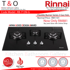 Rinnai Triple Burner Gas Hob Come With Two 3.7kW Burner and One 1.6kW Burner. Code : RB-713N-G