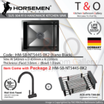 Horsemen Nano Black SUS304 R10 Single Bowl Handmade Kitchen Sink. Code : HM-SB-NT5445-BK