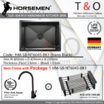 Horsemen Nano Black SUS304 R10 Single Bowl Handmade Kitchen Sink. Code : HM-SB-NT6045-BK