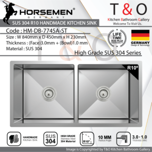 Horsemen SUS304 R10 Double Bowl Handmade Kitchen Sink. Code : HM-DB-7745A-ST
