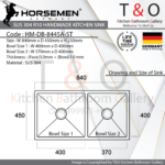 Horsemen SUS304 R10 Double Bowl Handmade Kitchen Sink. Code : HM-DB-8445A-ST
