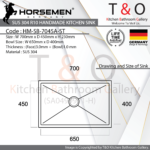 Horsemen SUS304 R10 Single Bowl Handmade Kitchen Sink. Code : HM-SB-7045A-ST