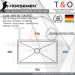 Horsemen SUS304 R10 Single Bowl Handmade Kitchen Sink. Code : HM-SB-7545A-ST